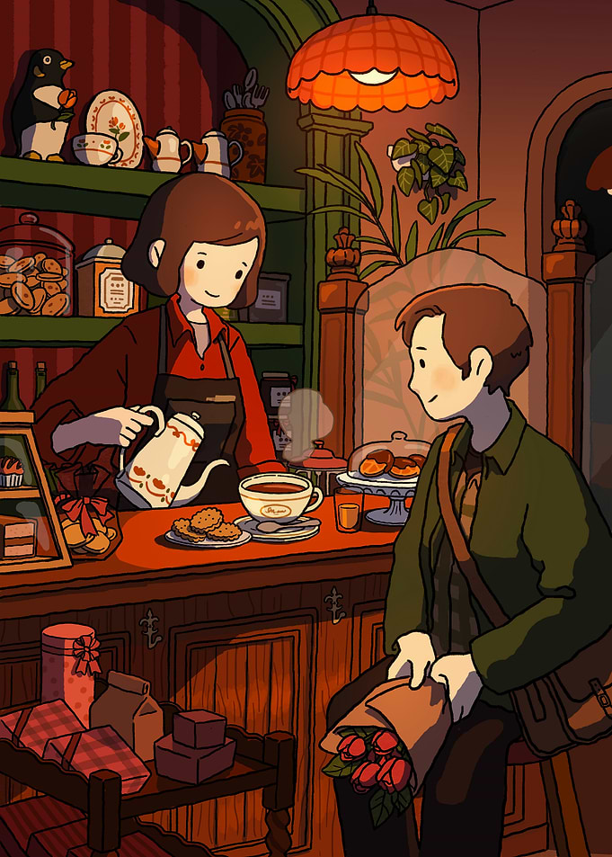 Cozy Cafe Scene with Tea and Flowers