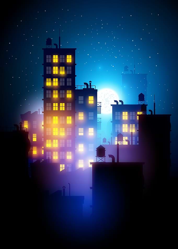 Night Cityscape with Moon and Stars