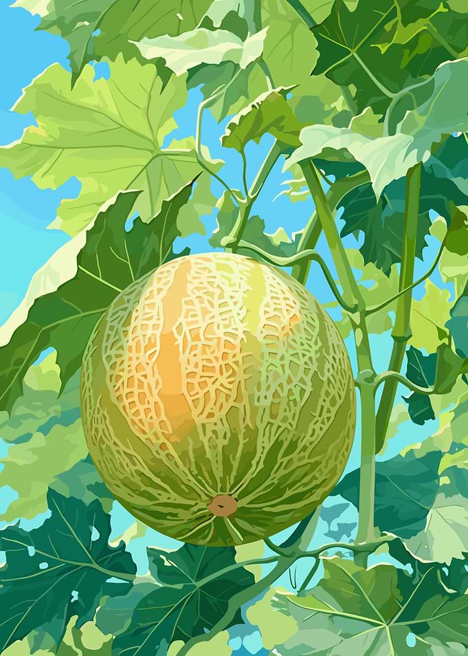 Cantaloupe Growing on Vine Illustration
