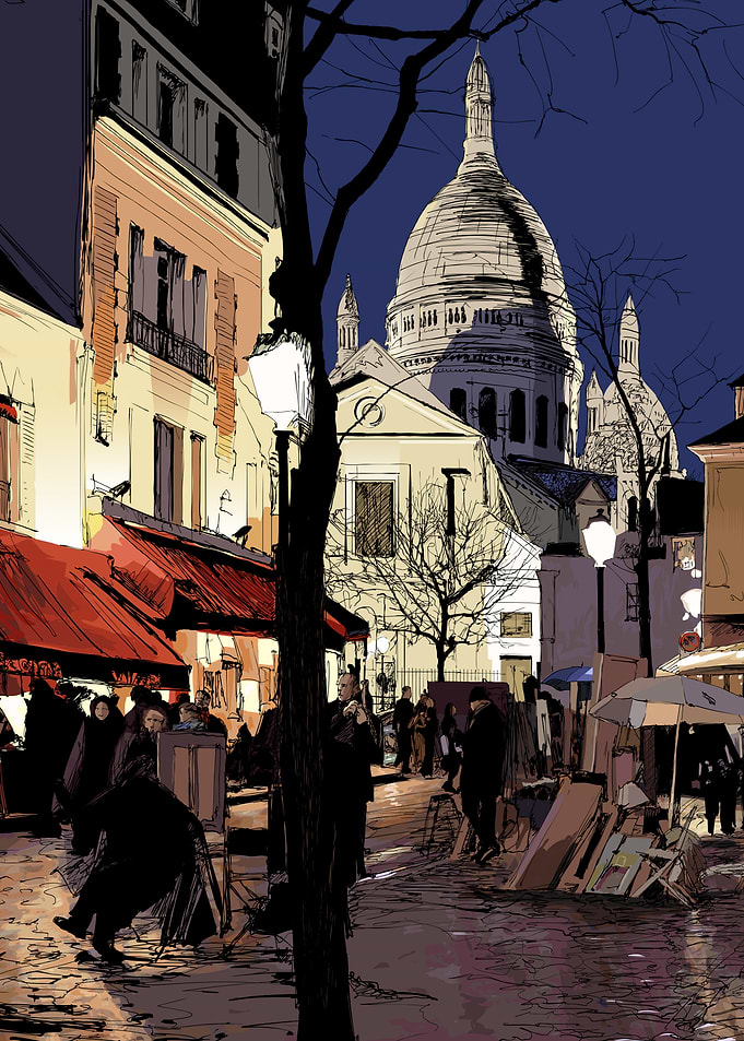 Montmartre street scene at night