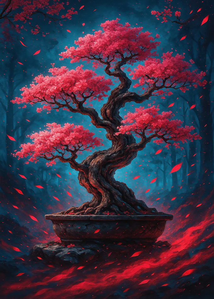 Bonsai Tree with Red Leaves