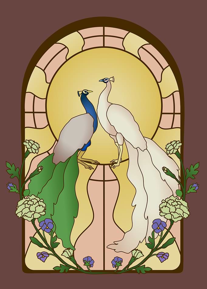 Peacock Lovers Stained Glass Art Nouveau Inspired