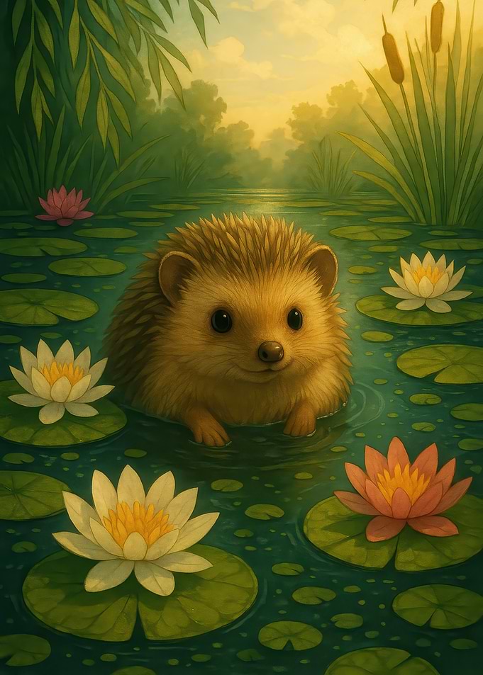 Hedgehog in a Lily Pond
