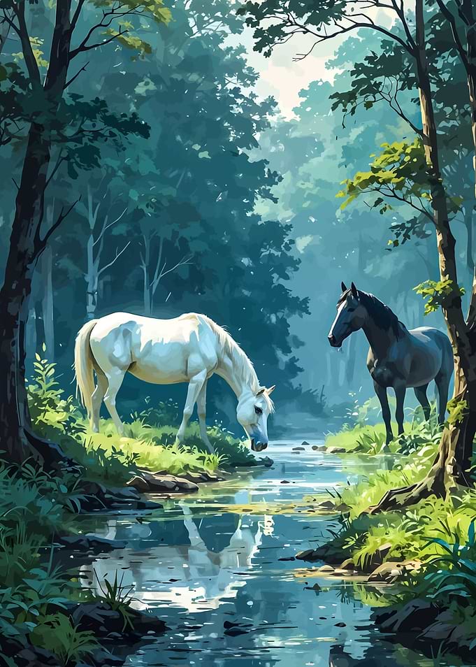 Horses by the Stream in Forest