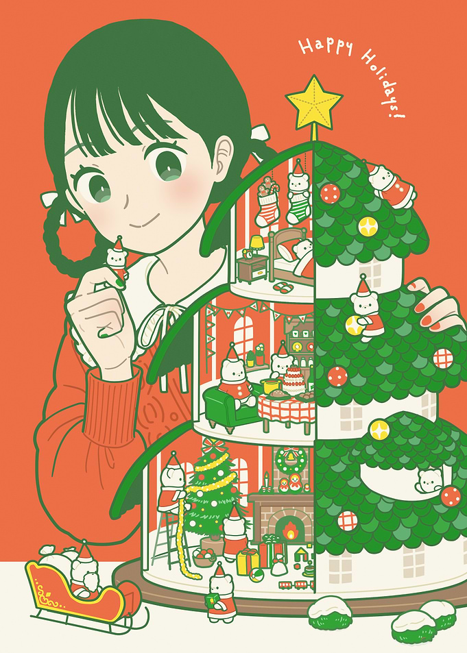 Festive Holiday Dollhouse with Girl