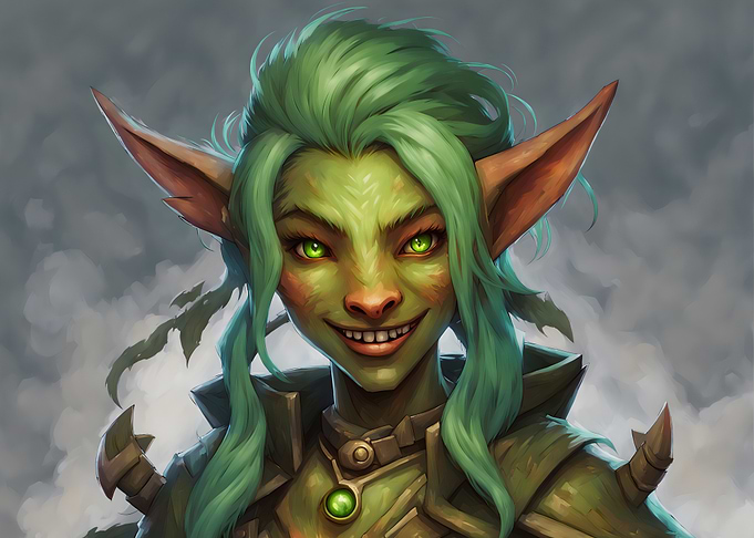 Green-skinned Goblin Portrait with Bright Eyes