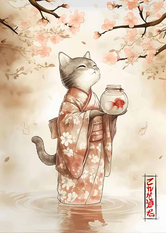 Cat in Kimono with Goldfish