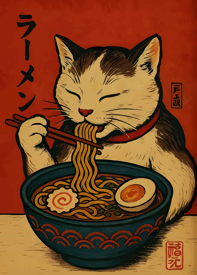 Cat eating ramen illustration