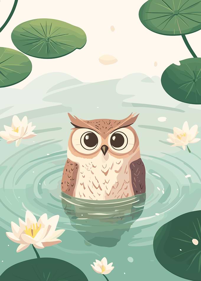 Owl in a Pond Illustration
