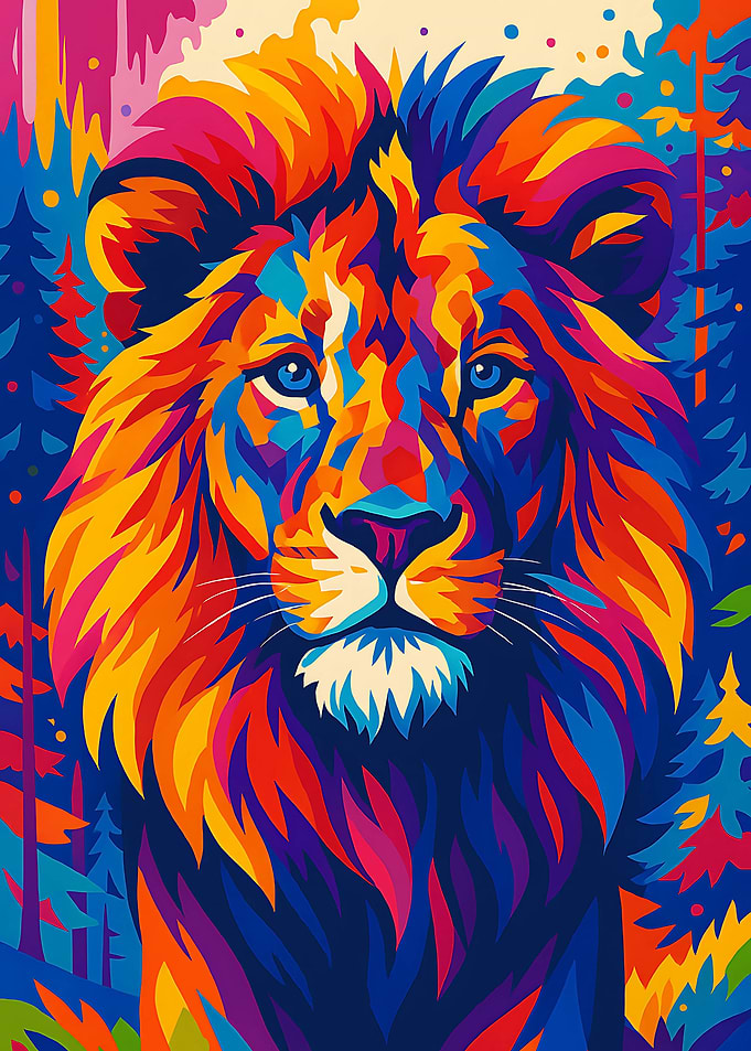 Colorful Lion Portrait in Forest