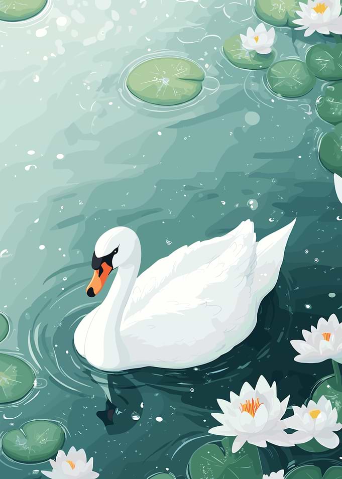 Swan in Pond with Lily Pads