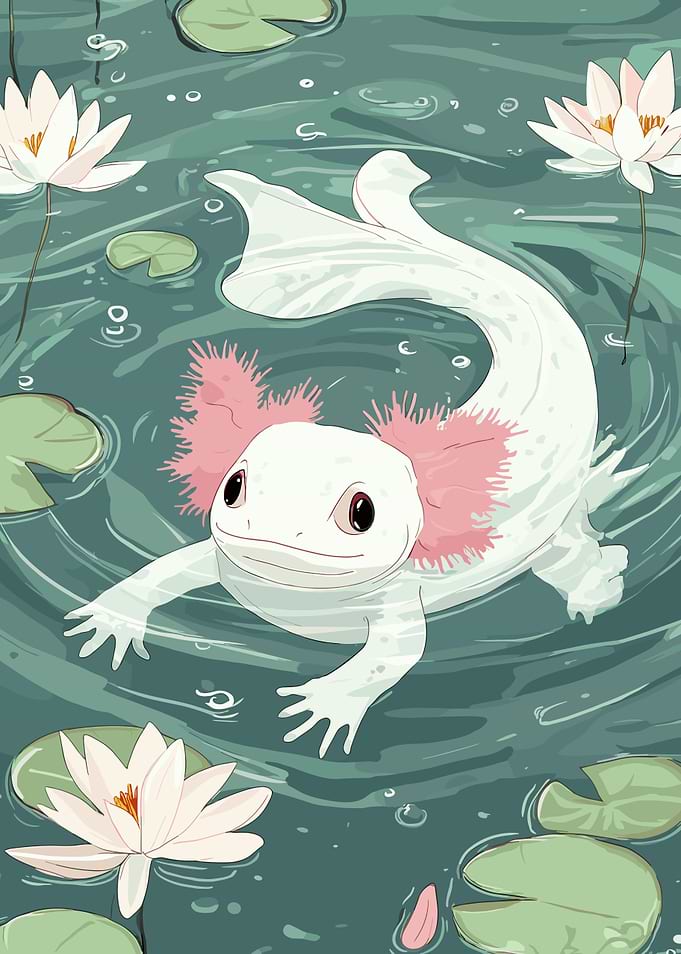 Axolotl in Lily Pond Illustration