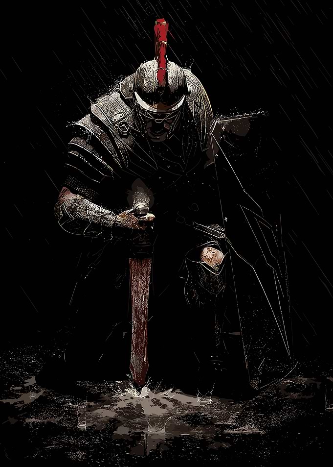 Warrior Kneeling in Rain with Sword