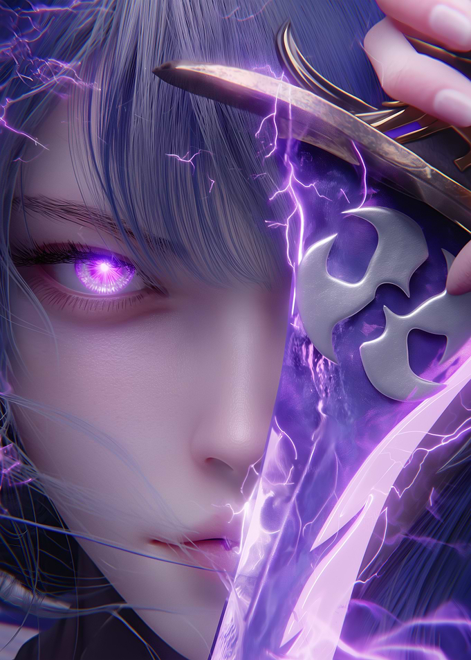 Anime Girl with Sword and Purple Lightning