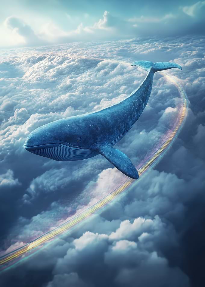 Whale flying through clouds with rainbow