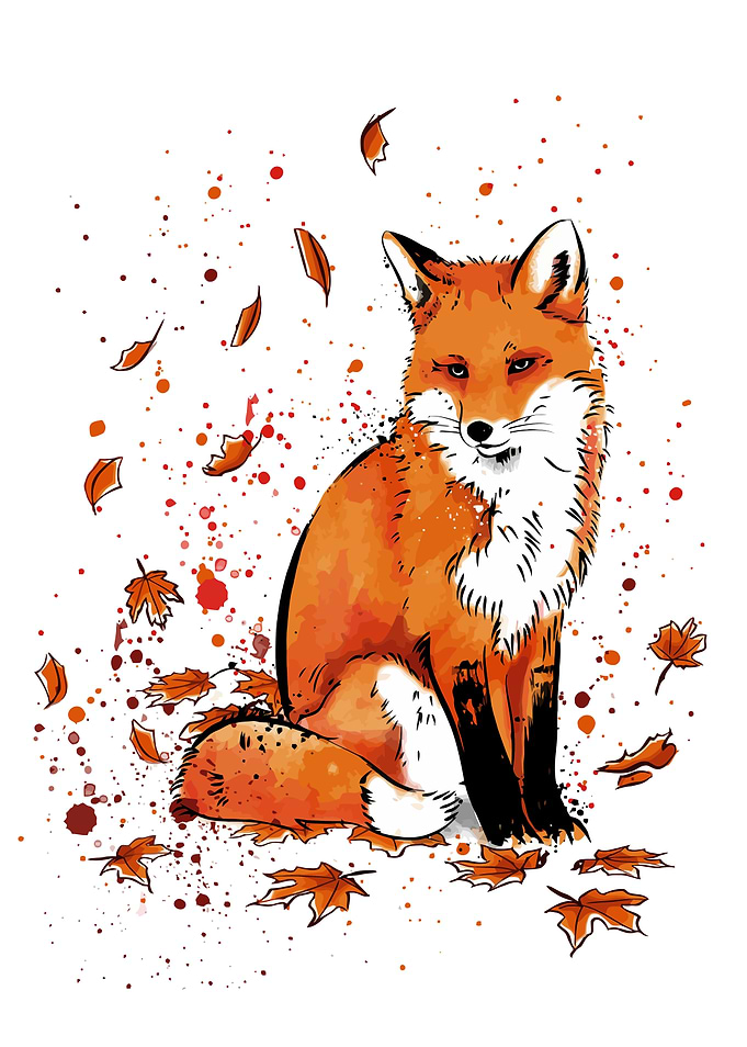 Fox in Autumn Leaves Illustration