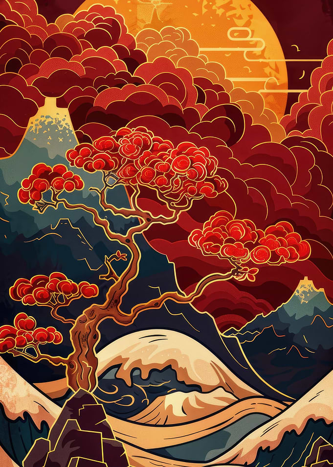 Burgundy Japanese Landscape Kintsugi Art Print