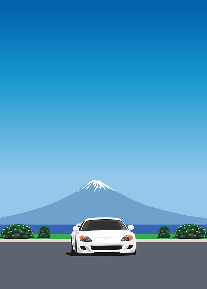 White Car with Mount Fuji Backdrop