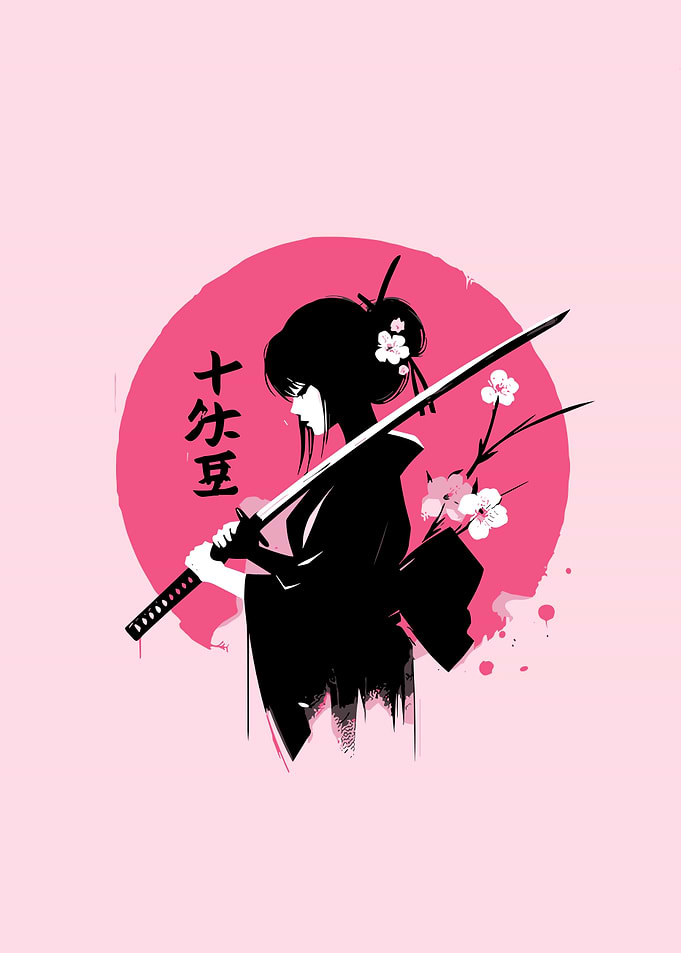 Samurai Geisha with Katana and Cherry Blossoms