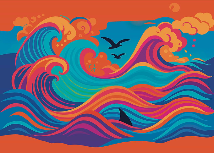 Colorful Ocean Waves with Shark Fin