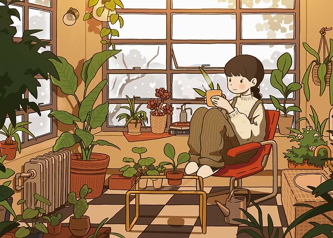 Girl with Plants in Cozy Room