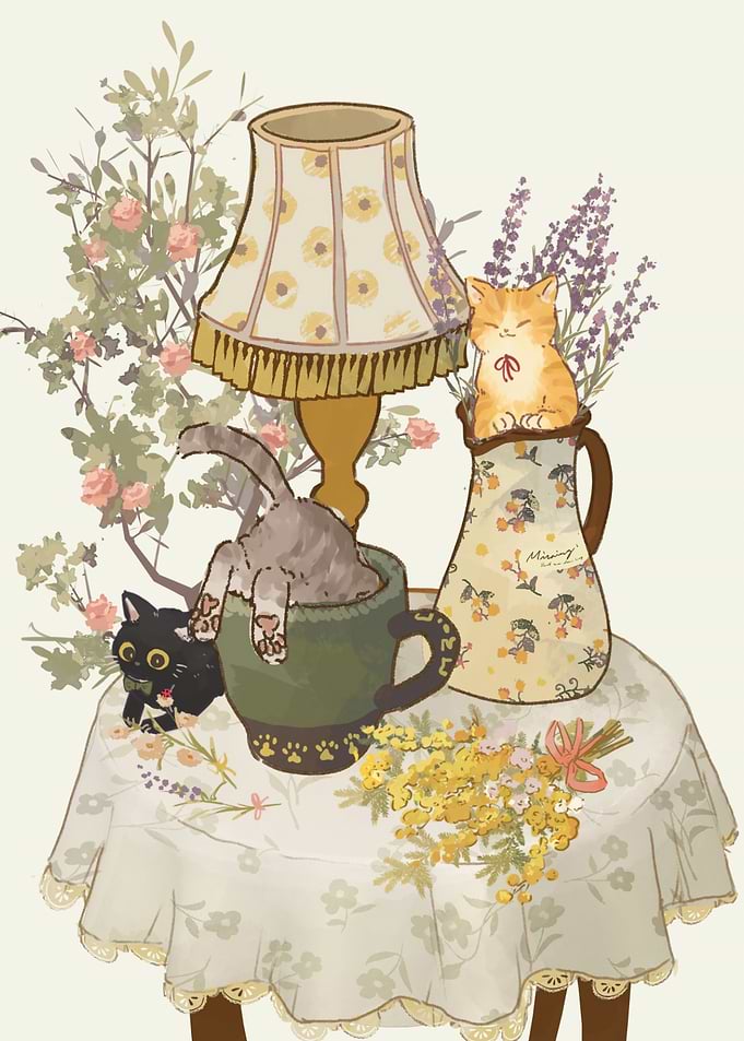 Cats and Flowers Still Life