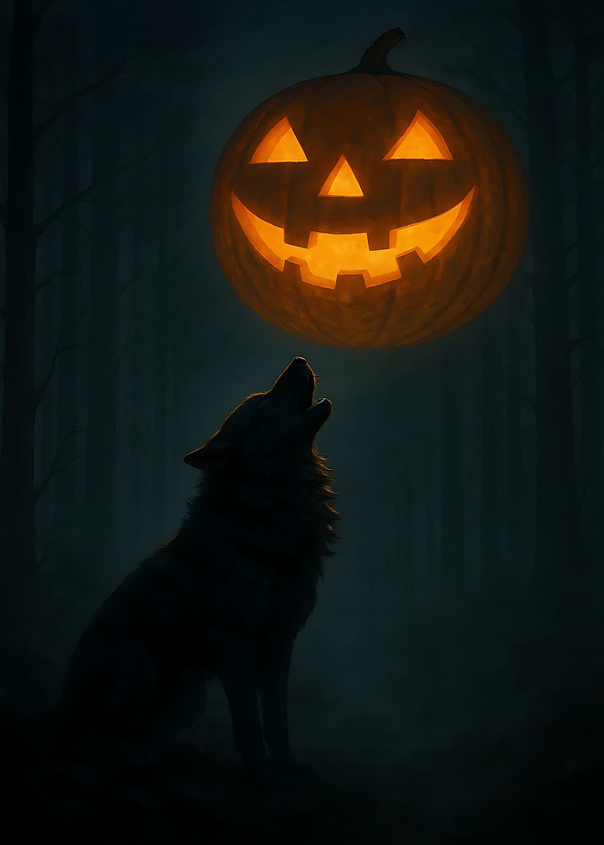 Halloween Wolf Howling at Pumpkin Moon