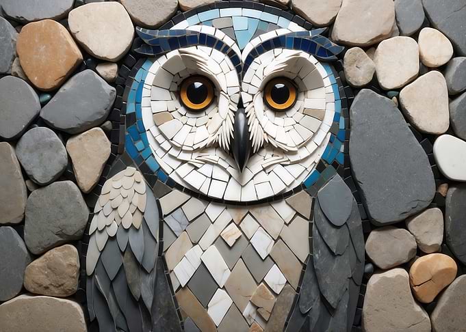 Mosaic Owl Art with Stone Border