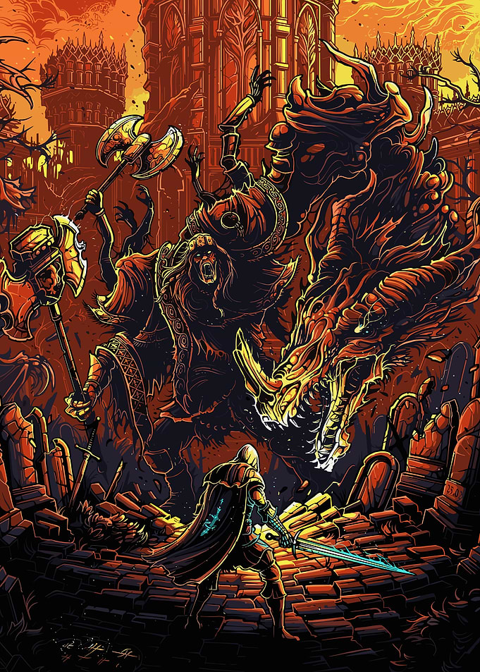 Fantasy Battle Scene with Dragon and Warrior