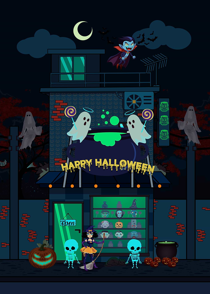 Halloween Night Scene with Characters