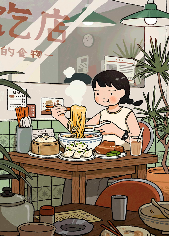 Girl eating noodles in a restaurant