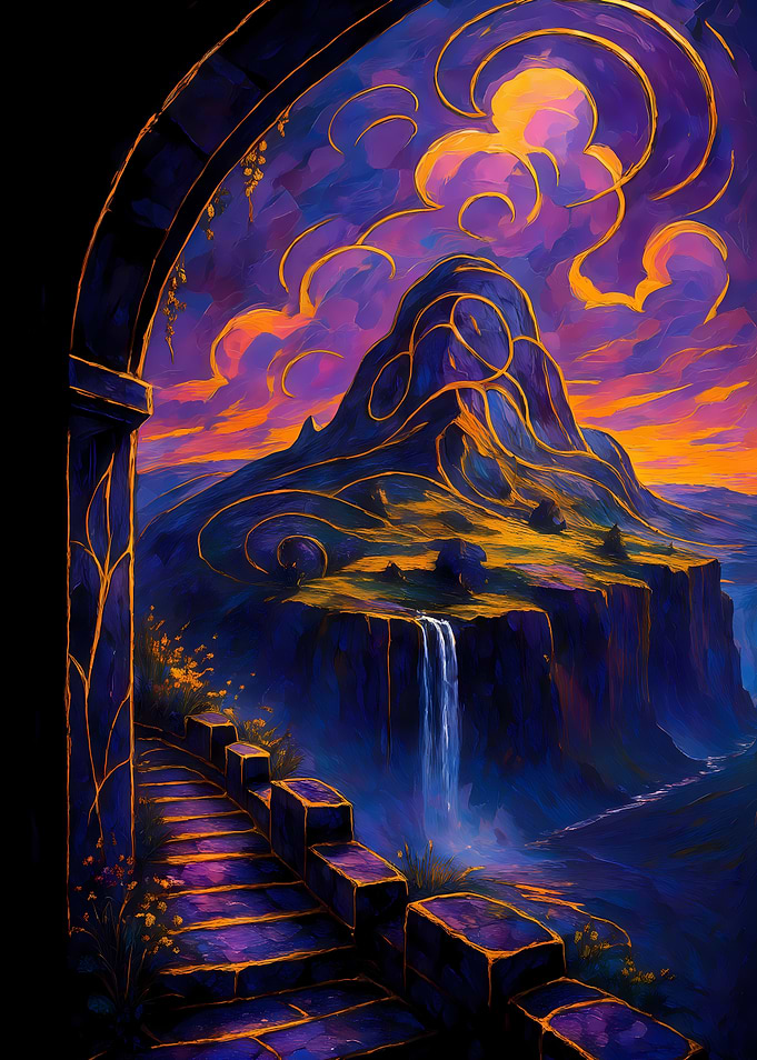 Abstract Fantasy #49 - Fantasy Landscape with Waterfall and Stairs