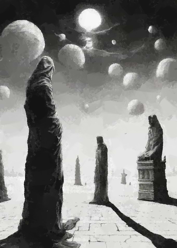 Monochrome Figures and Floating Spheres