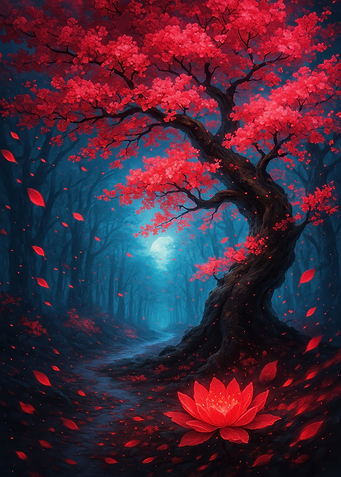 Red Blossoms in a Blue Forest