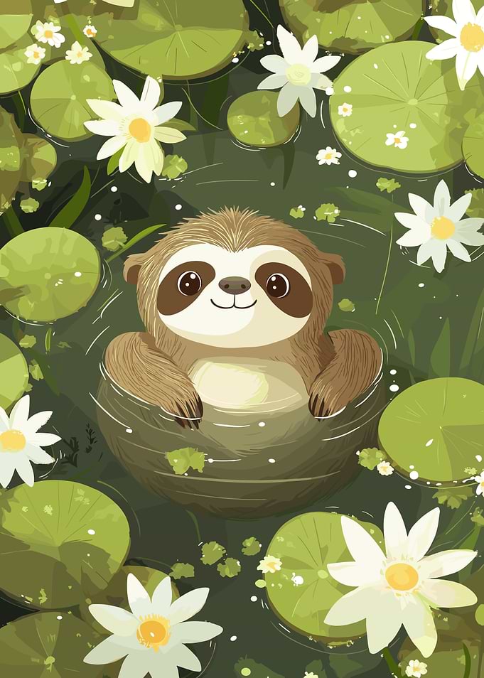Cute Sloth in Lily Pond Illustration