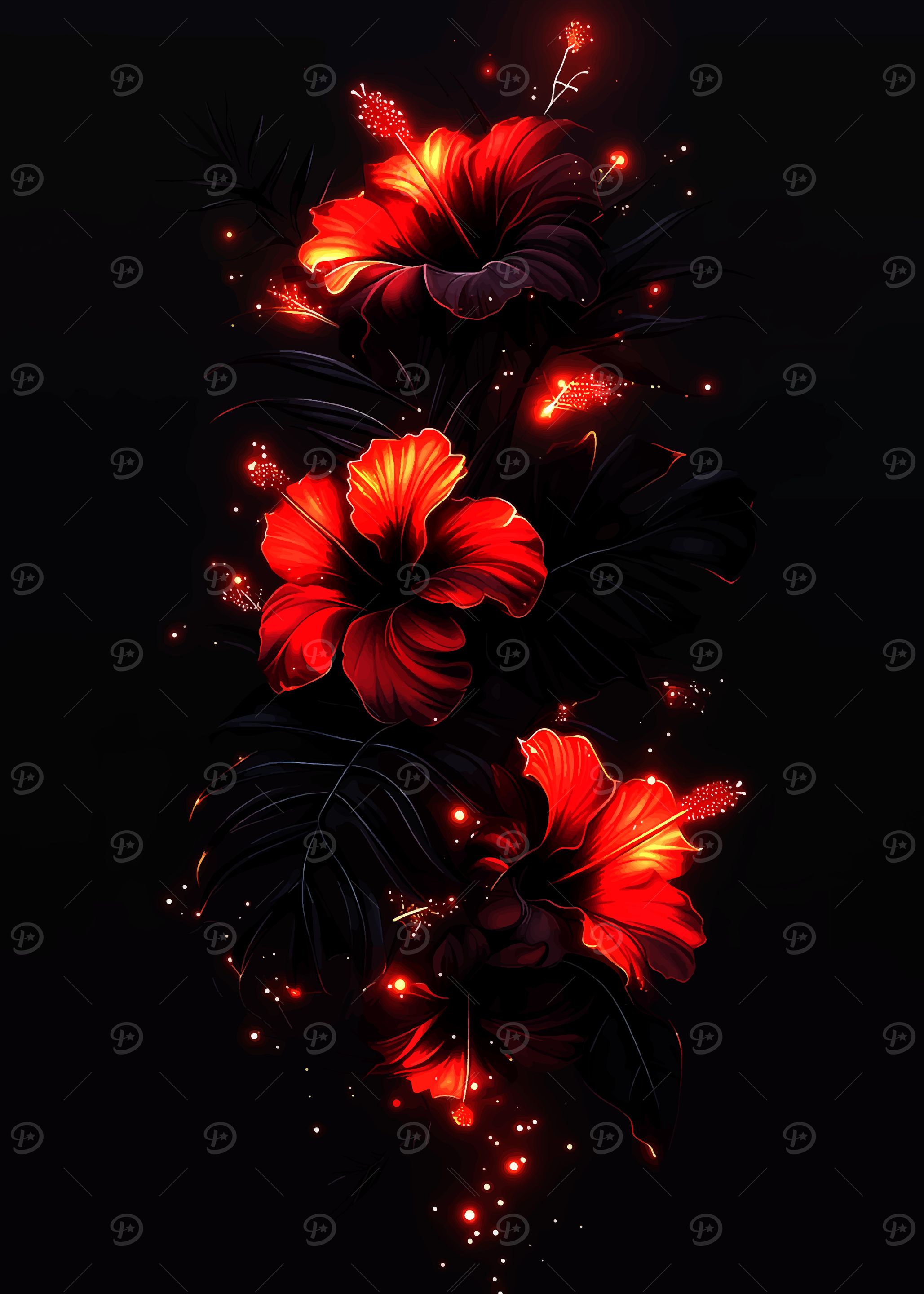 Red Hibiscus Flowers on Black Background
