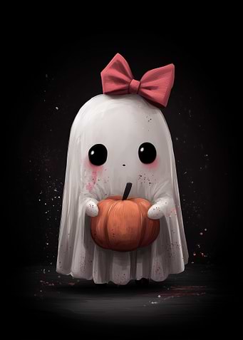 Cute Ghost with Pumpkin and Bow