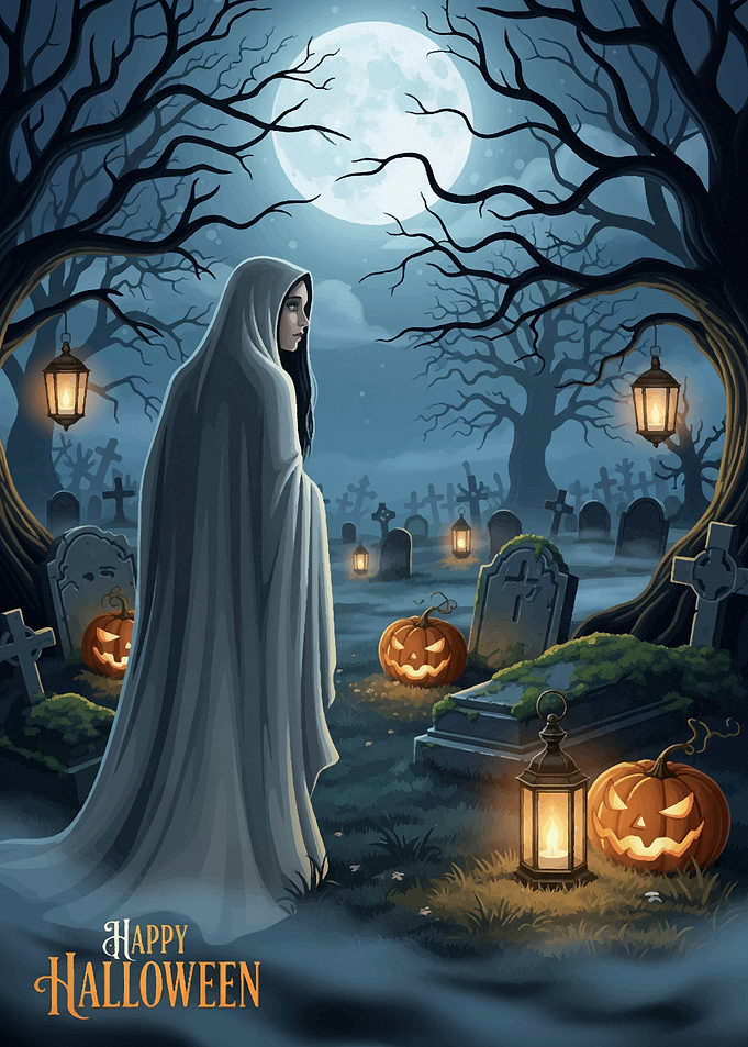 Halloween Ghost in Graveyard with Pumpkins Halloween2025