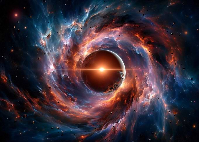 Cosmic Nebula with Planet and Light