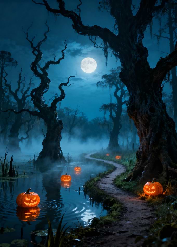 Halloween Swamp with Jack-o'-Lanterns