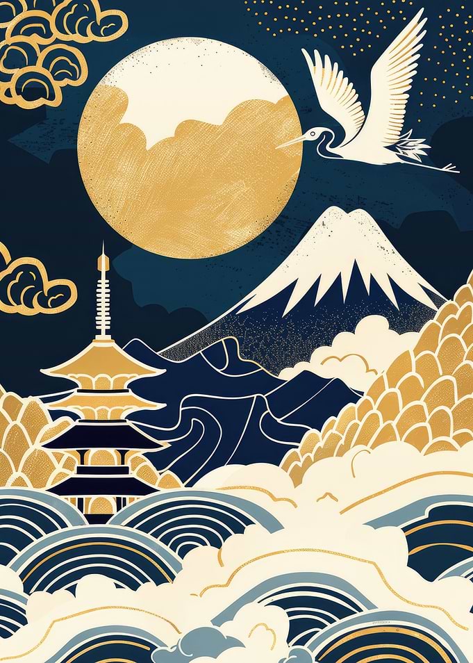 Japanese Landscape with Crane and Pagoda