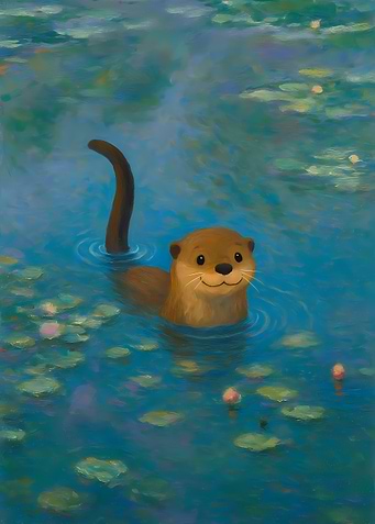 Otter in Lily Pond Painting