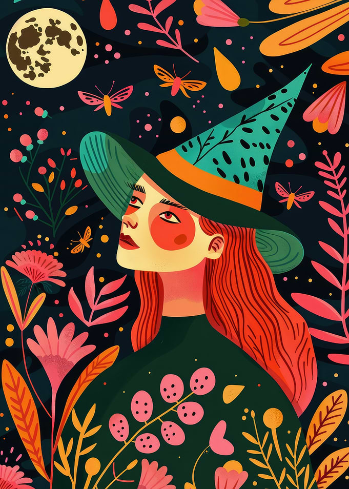 Floral Witch Under Moonlight