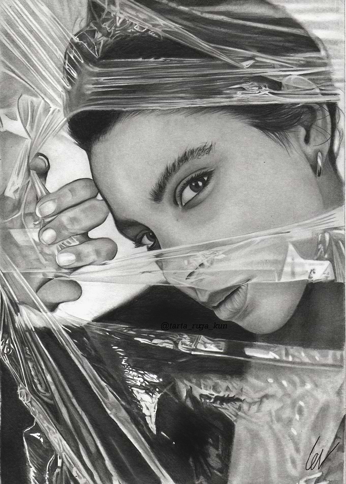 Woman Portrait in Plastic Wrap Drawing