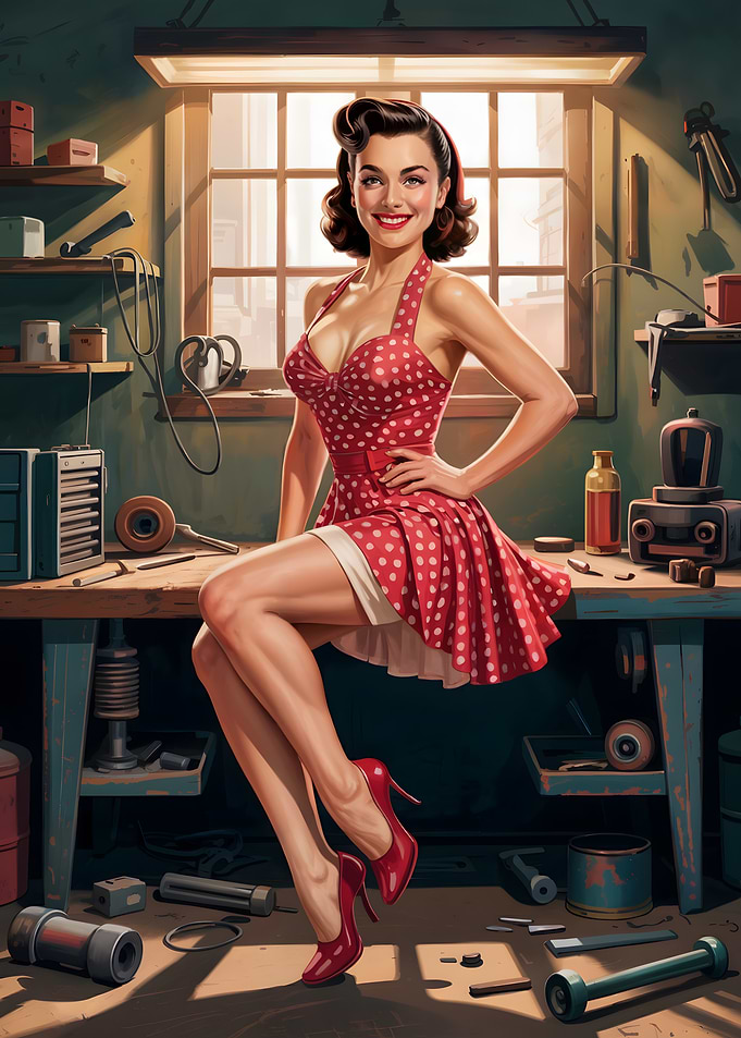 Retro Pin-Up Girl in Workshop