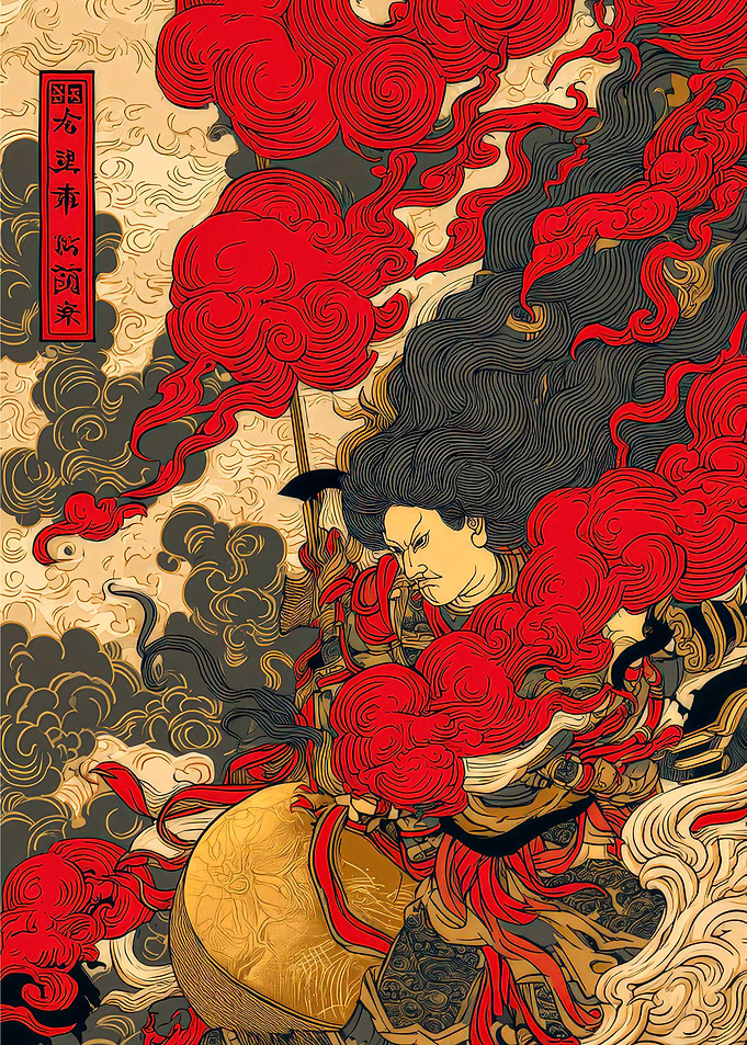 Japanese Warrior with Red Clouds