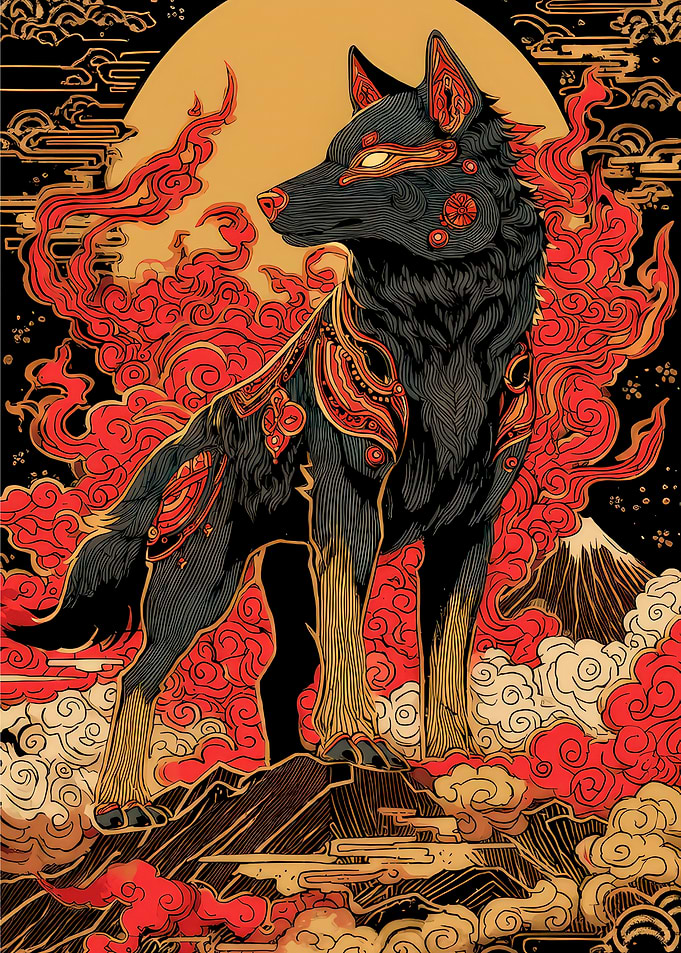 Japanese Wolf with Red Clouds