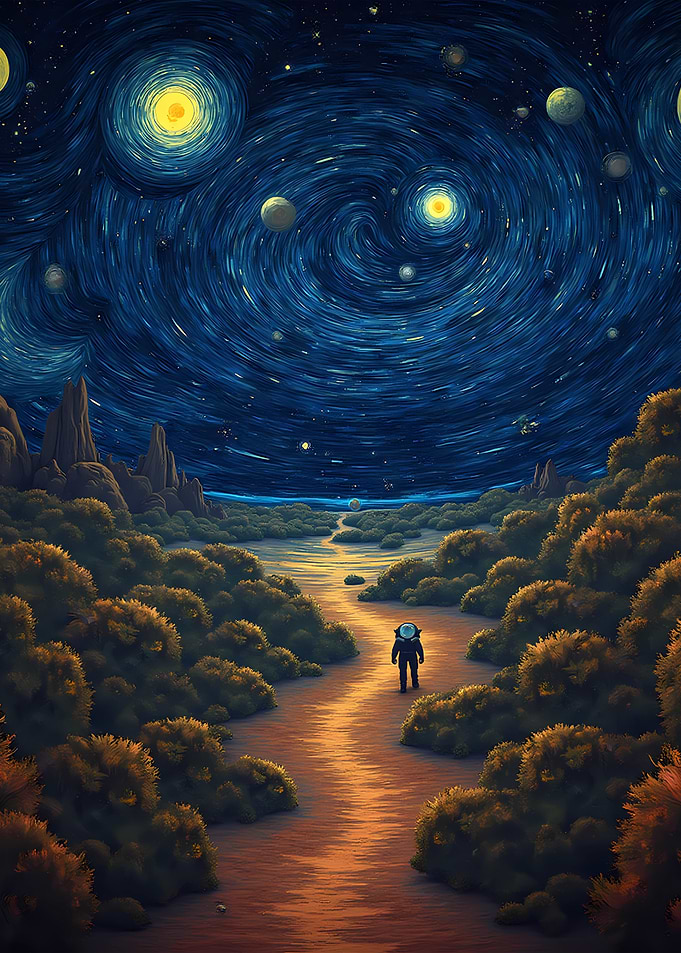 Modern Van Gogh: A Starry Journey .Astronaut in Starry Night Landscape