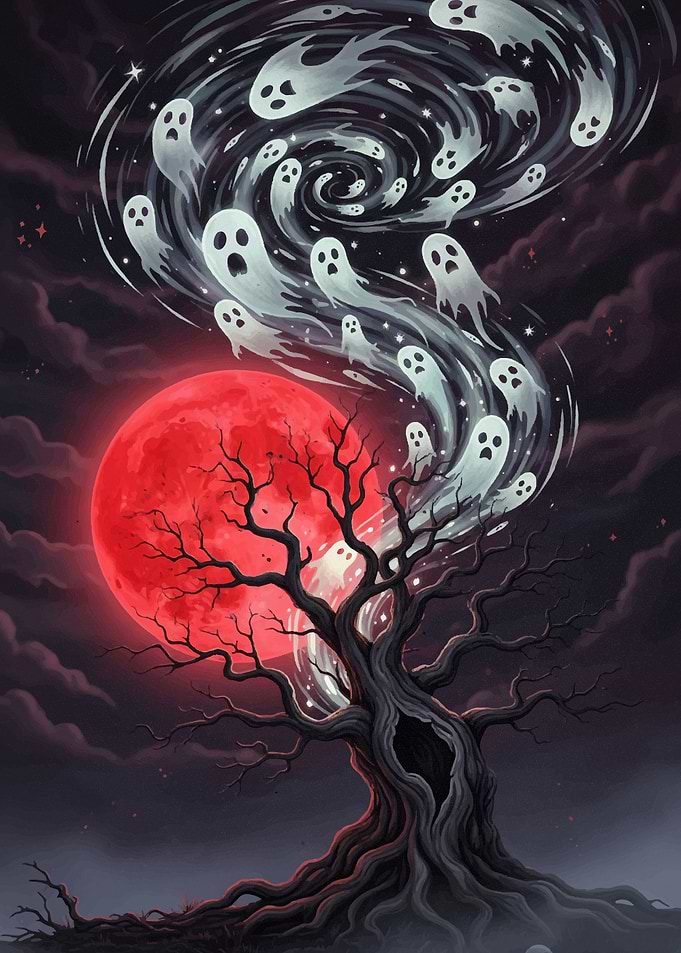Spooky Tree with Ghosts and Red Moon Halloween2025