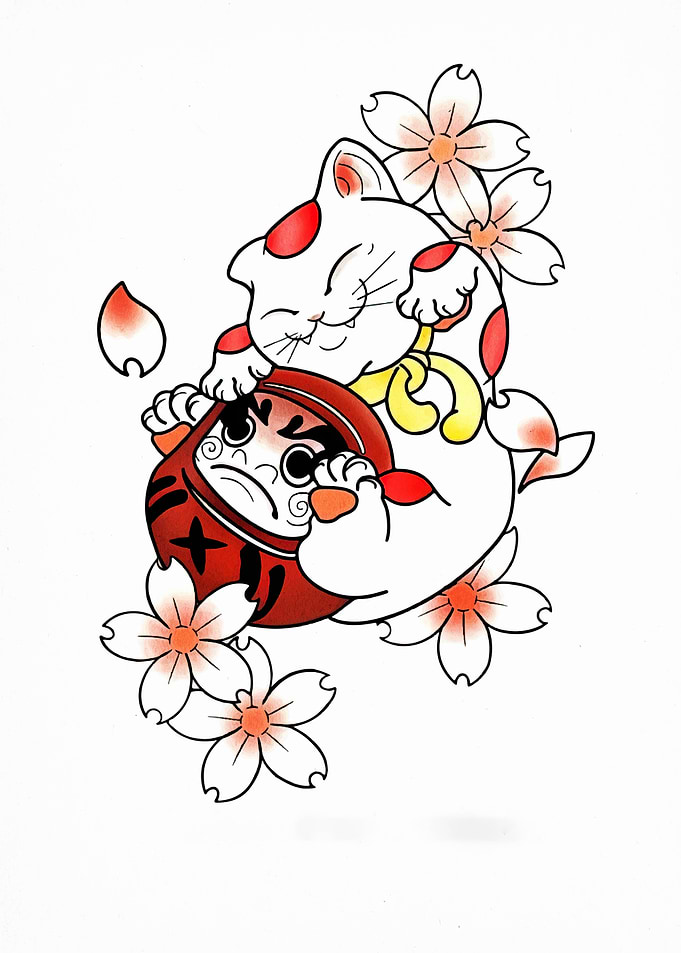 Maneki Neko with Daruma and Cherry Blossoms